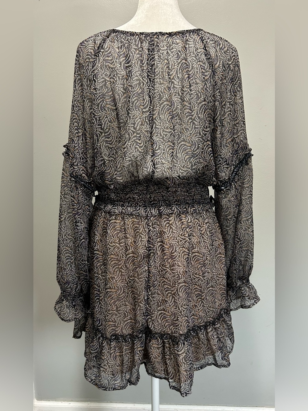 Endless Blu Sheer Boho Mini Dress Leaf Print Beaded Ruffle Black Cream - Picture 6 of 9